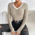 Blusa de Tricot Gola v com Viés Contrastante Fiorenze