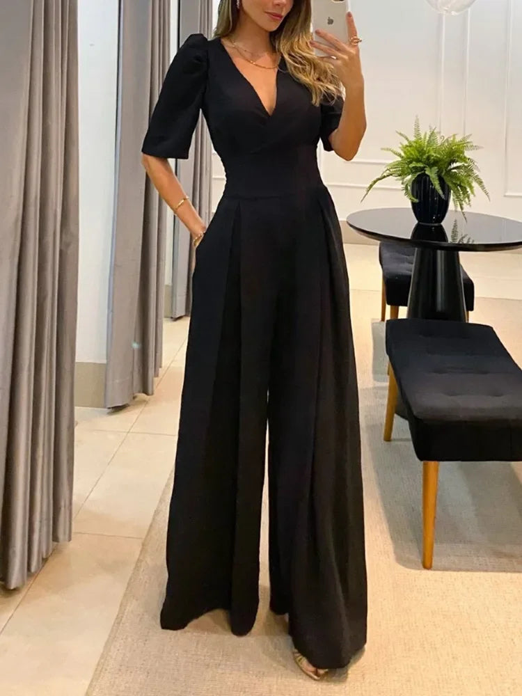 Macacão Longo Pantalona Gola V e Manga Princesa Fiorenze Elegance