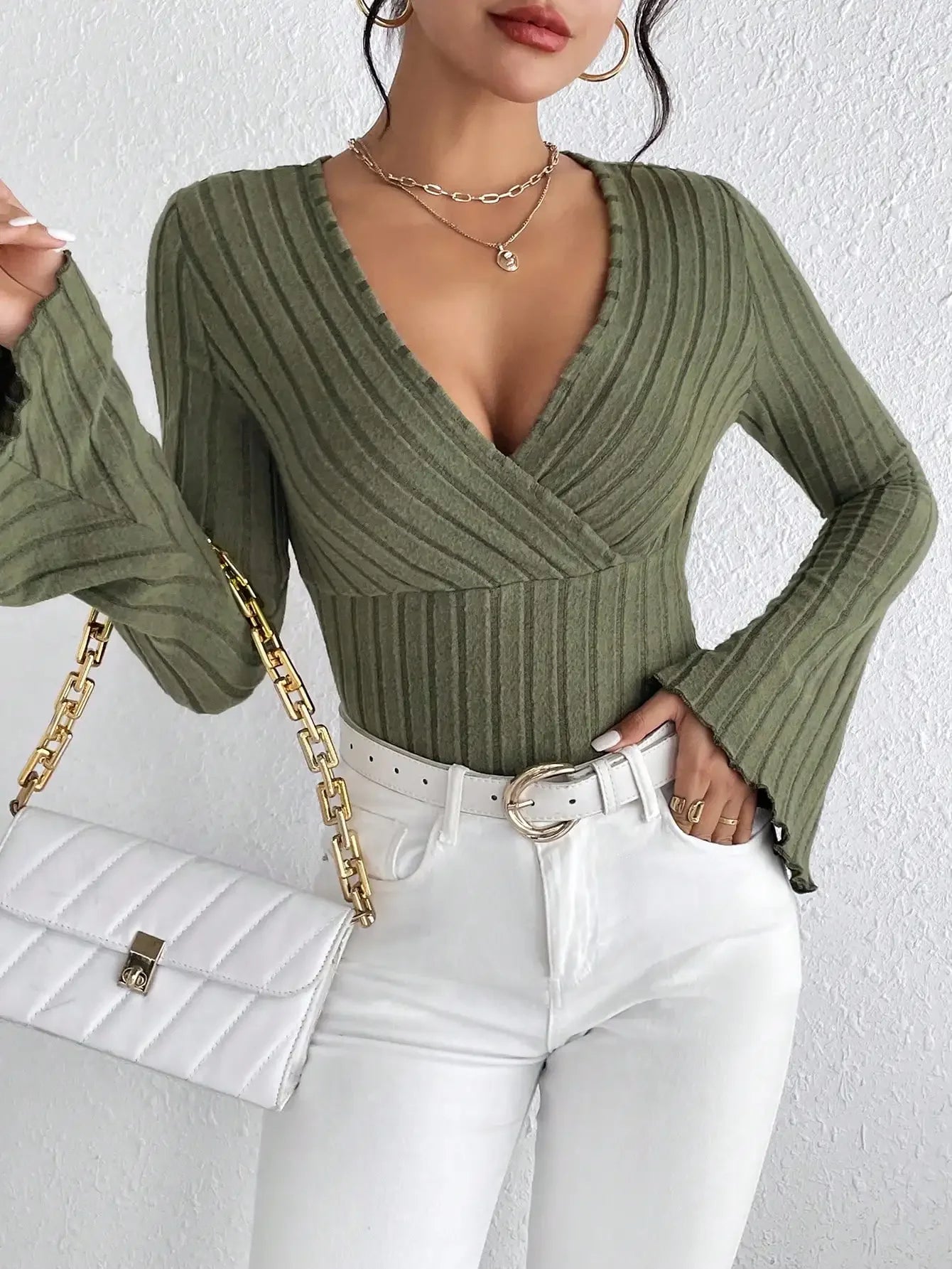 Blusa de Tricot Gola V Manga Flare Fiorenze