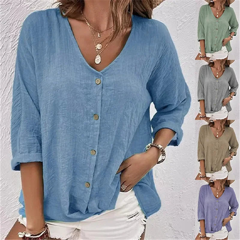 Blusa de Poliéster Gola V com Botões Manga Longa Fiorenze