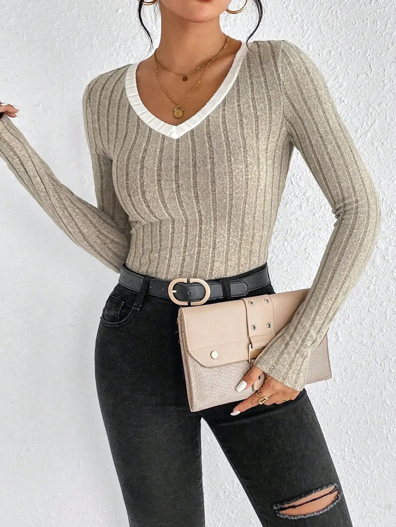 Blusa de Tricot Gola v com Viés Contrastante Fiorenze