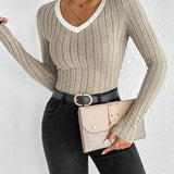 Blusa de Tricot Gola v com Viés Contrastante Fiorenze