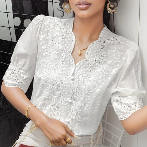 Blusa Casual em Algodão com Bordado e Manga Bufante Fiorenze
