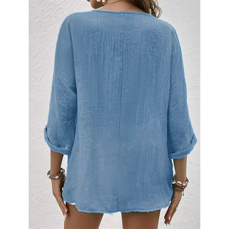 Blusa de Poliéster Gola V com Botões Manga Longa Fiorenze