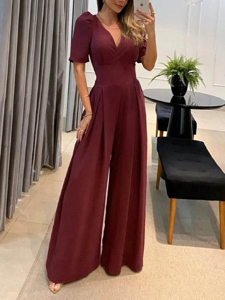 Macacão Longo Pantalona Gola V e Manga Princesa Fiorenze Elegance