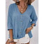 Blusa de Poliéster Gola V com Botões Manga Longa Fiorenze