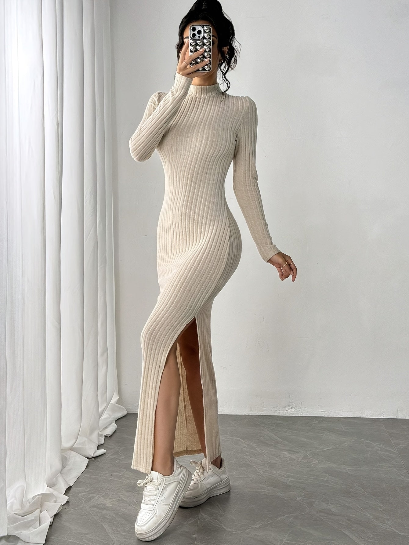 Vestido Manga Longa Canelado com Fenda  Fiorenze Joani
