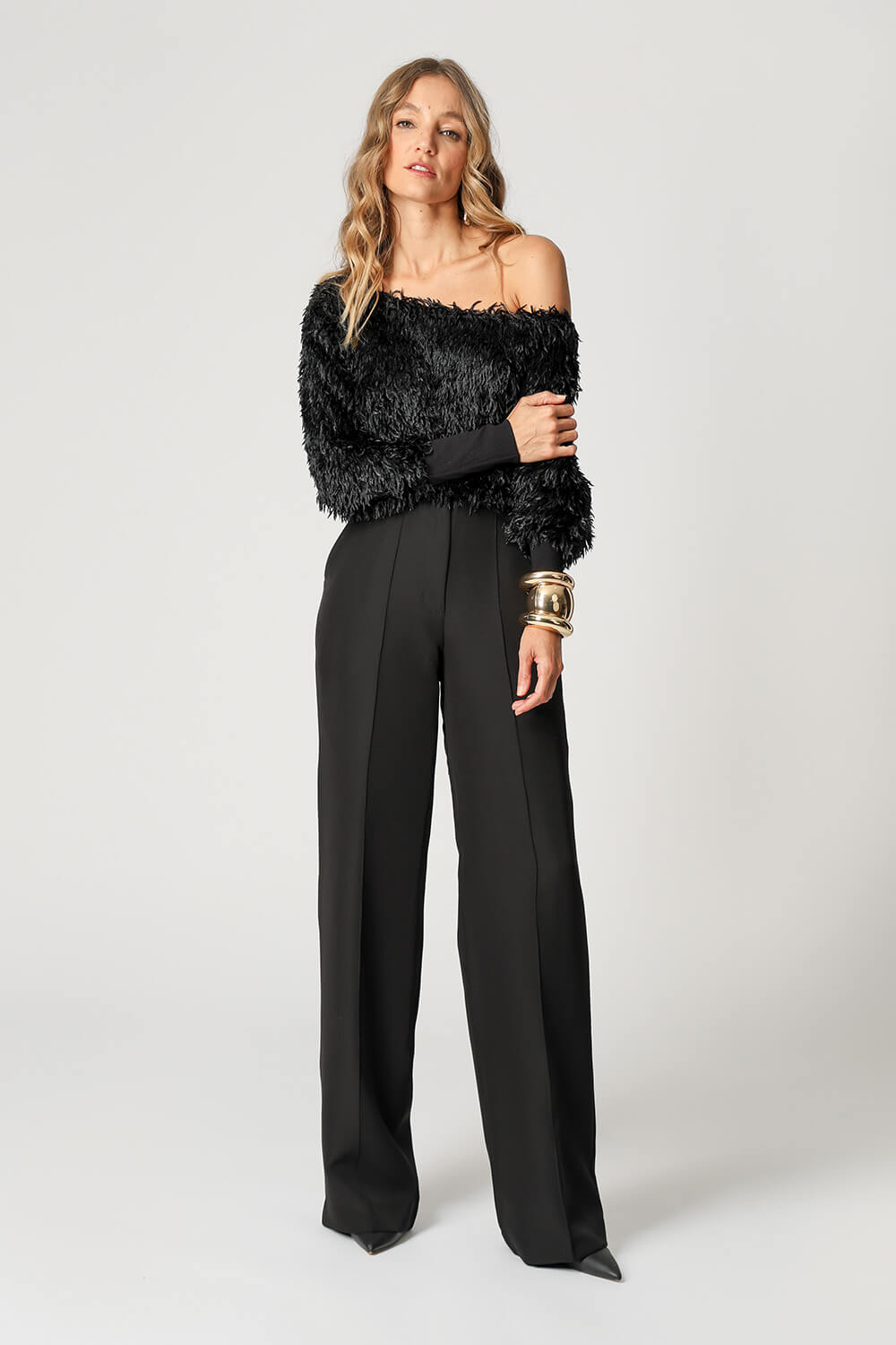 Blusa De Plumas Com Punho Canelado