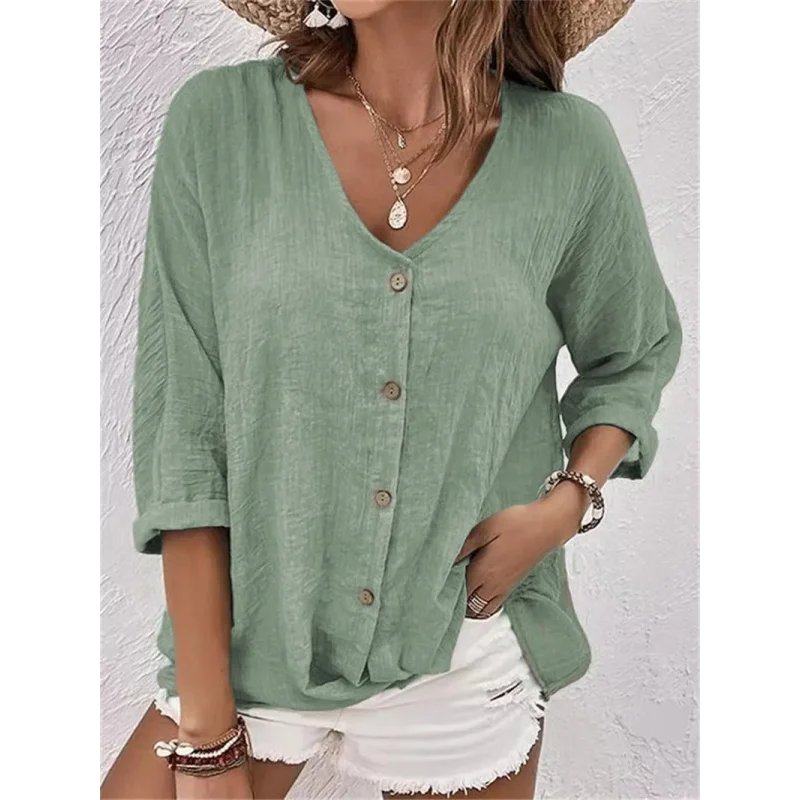 Blusa de Poliéster Gola V com Botões Manga Longa Fiorenze