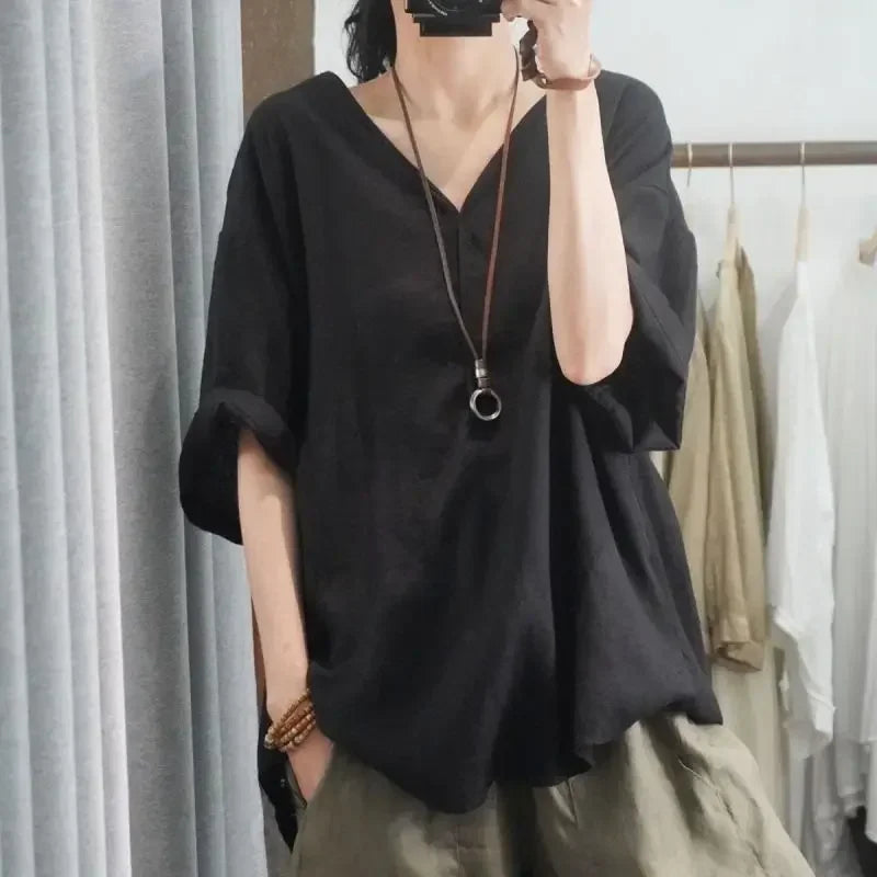 Blusa de Chiffon Gola v Modelagem Solta Manga Três Quartos Fiorenze