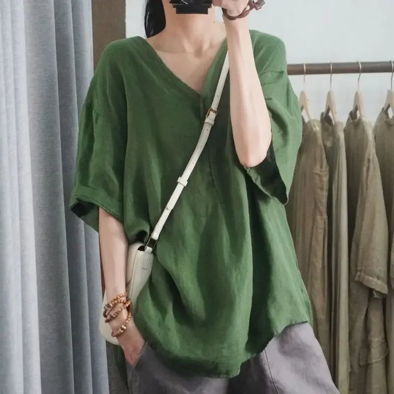 Blusa de Chiffon Gola v Modelagem Solta Manga Três Quartos Fiorenze