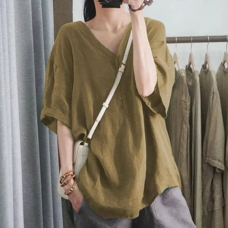 Blusa de Chiffon Gola v Modelagem Solta Manga Três Quartos Fiorenze