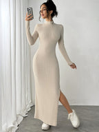 Vestido Manga Longa Canelado com Fenda  Fiorenze Joani