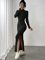 Vestido Manga Longa Canelado com Fenda  Fiorenze Joani