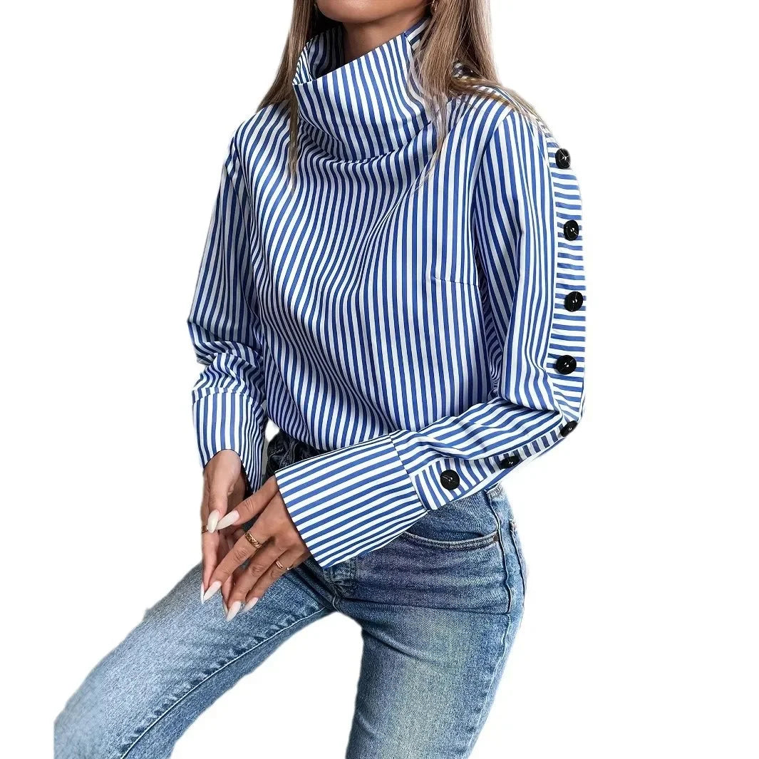 Blusa de Poliéster Listrada com Gola Alta Fiorenze