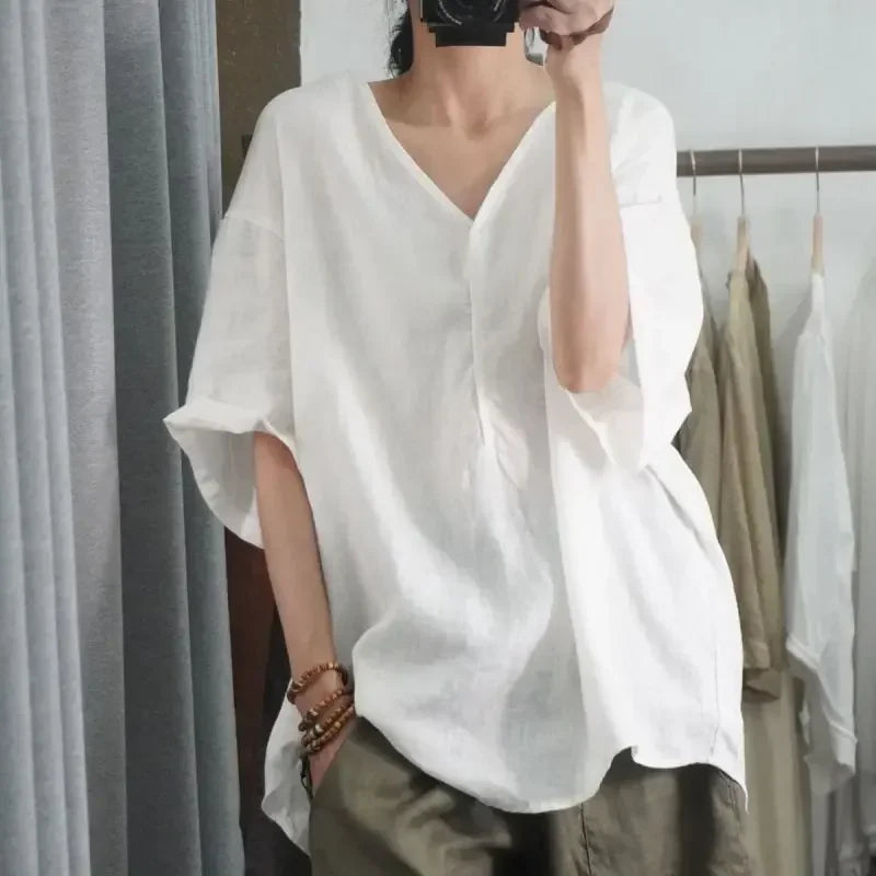 Blusa de Chiffon Gola v Modelagem Solta Manga Três Quartos Fiorenze