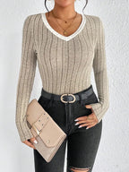 Blusa de Tricot Gola v com Viés Contrastante Fiorenze