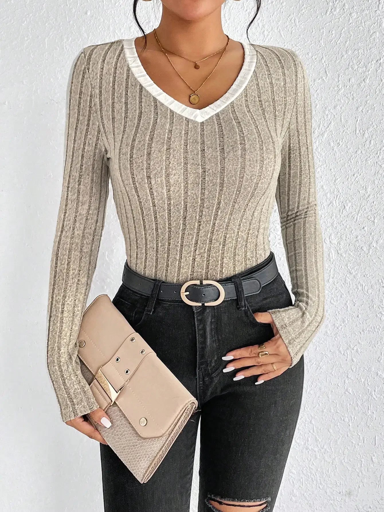 Blusa de Tricot Gola v com Viés Contrastante Fiorenze