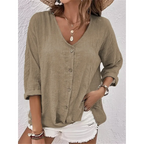 Blusa de Poliéster Gola V com Botões Manga Longa Fiorenze