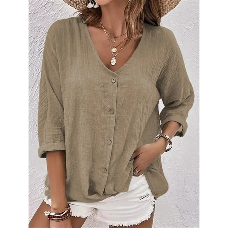 Blusa de Poliéster Gola V com Botões Manga Longa Fiorenze