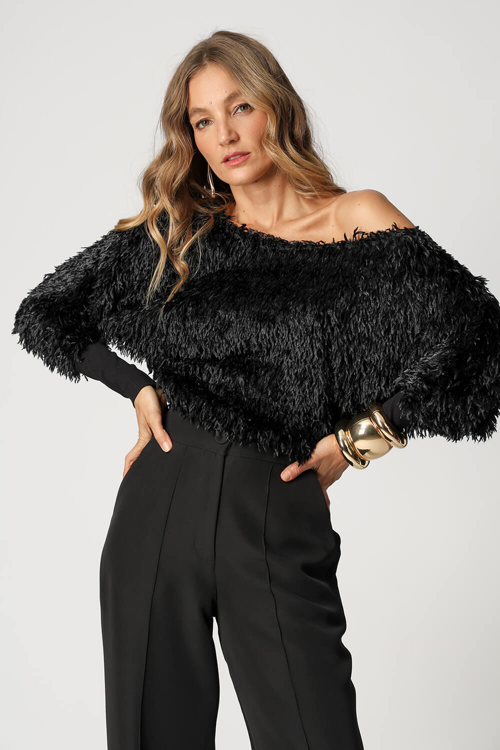 Blusa De Plumas Com Punho Canelado