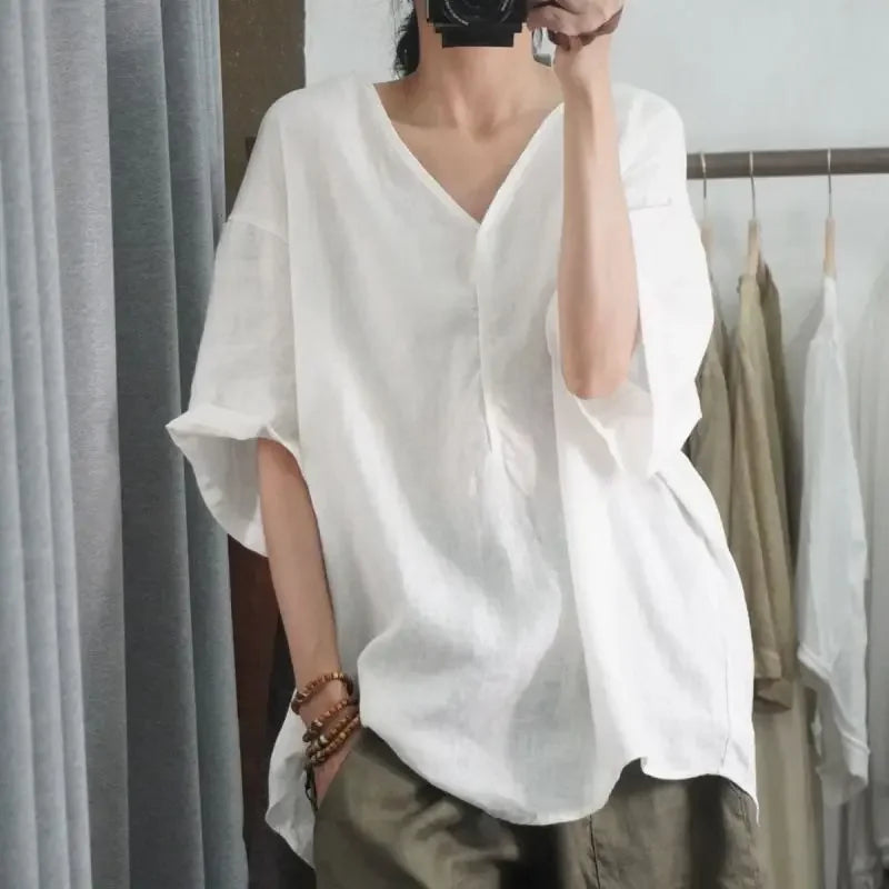 Blusa de Chiffon Gola v Modelagem Solta Manga Três Quartos Fiorenze