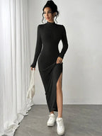 Vestido Manga Longa Canelado com Fenda  Fiorenze Joani