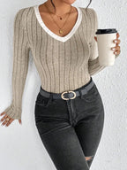 Blusa de Tricot Gola v com Viés Contrastante Fiorenze