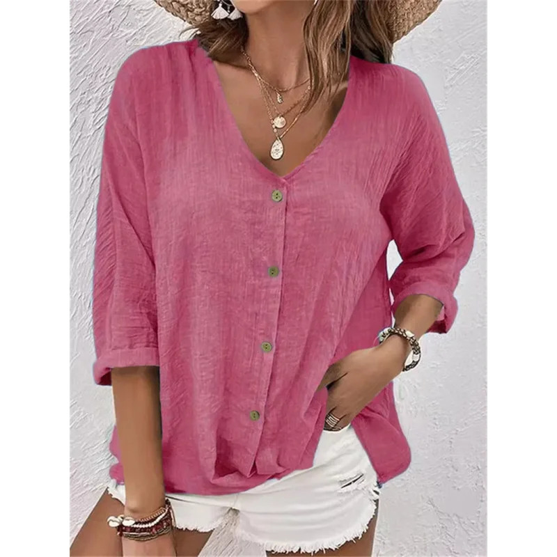 Blusa de Poliéster Gola V com Botões Manga Longa Fiorenze