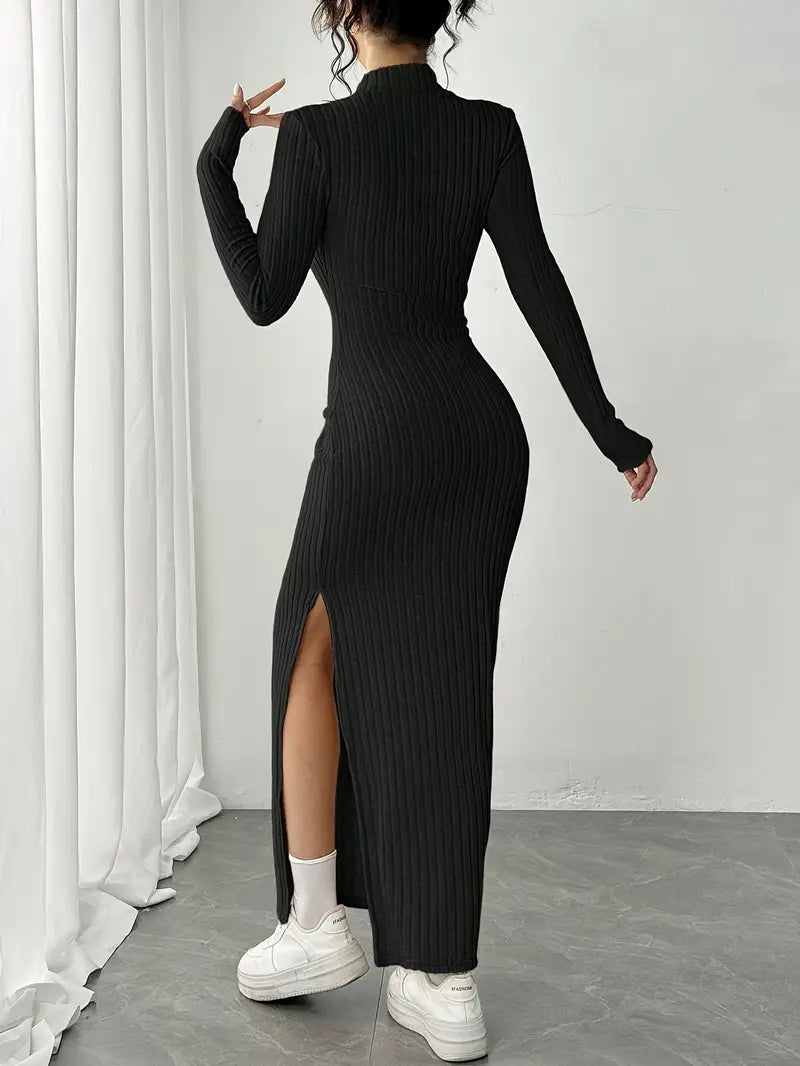 Vestido Manga Longa Canelado com Fenda  Fiorenze Joani