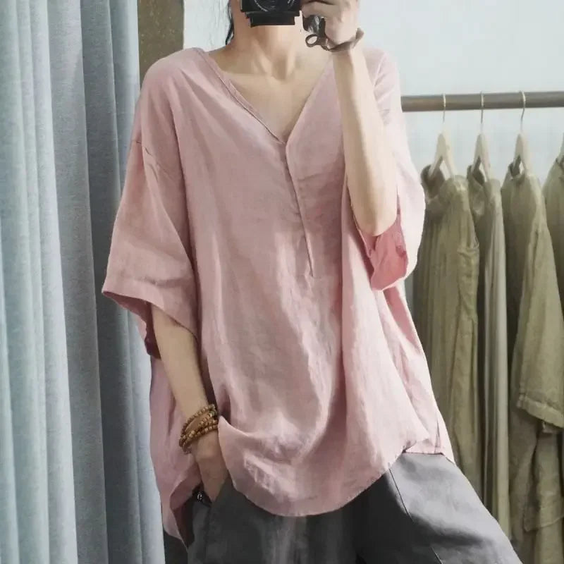 Blusa de Chiffon Gola v Modelagem Solta Manga Três Quartos Fiorenze