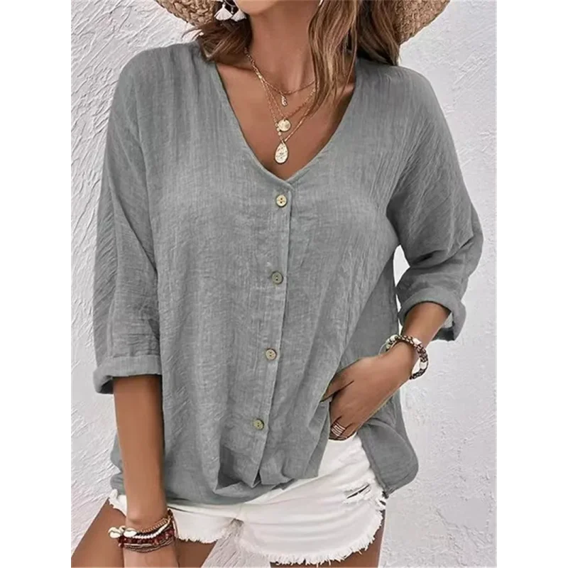 Blusa de Poliéster Gola V com Botões Manga Longa Fiorenze
