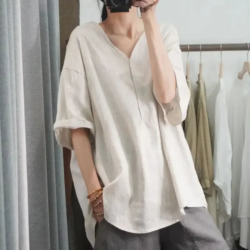 Blusa de Chiffon Gola v Modelagem Solta Manga Três Quartos Fiorenze