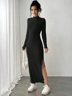 Vestido Manga Longa Canelado com Fenda  Fiorenze Joani