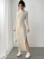 Vestido Manga Longa Canelado com Fenda  Fiorenze Joani