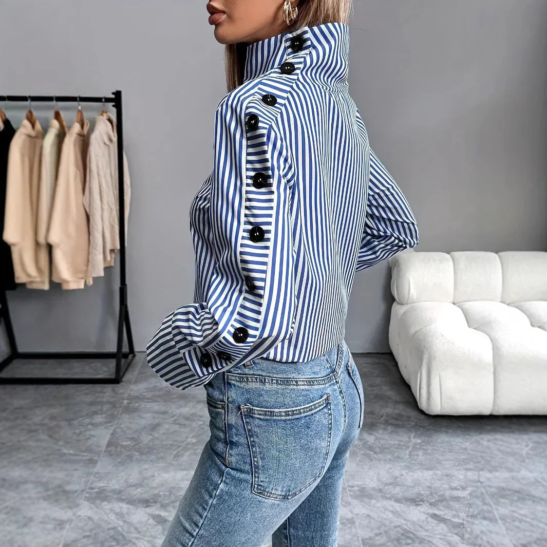 Blusa de Poliéster Listrada com Gola Alta Fiorenze