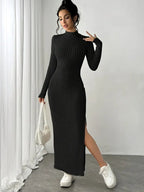 Vestido Manga Longa Canelado com Fenda  Fiorenze Joani