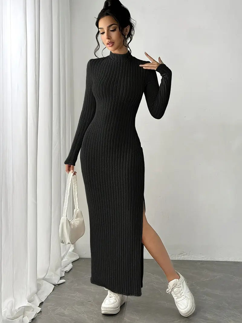 Vestido Manga Longa Canelado com Fenda  Fiorenze Joani