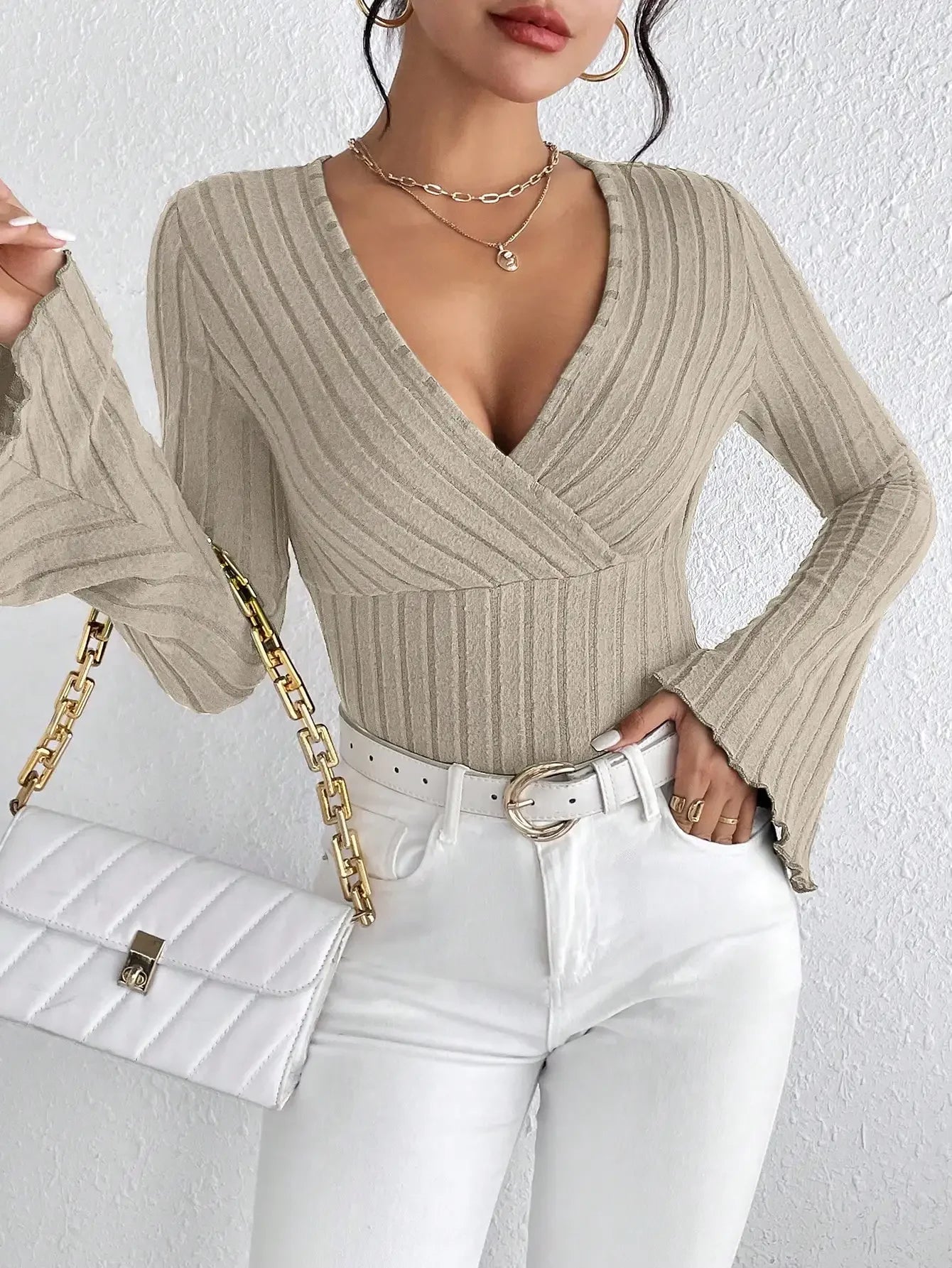 Blusa de Tricot Gola V Manga Flare Fiorenze