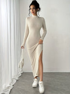 Vestido Manga Longa Canelado com Fenda  Fiorenze Joani