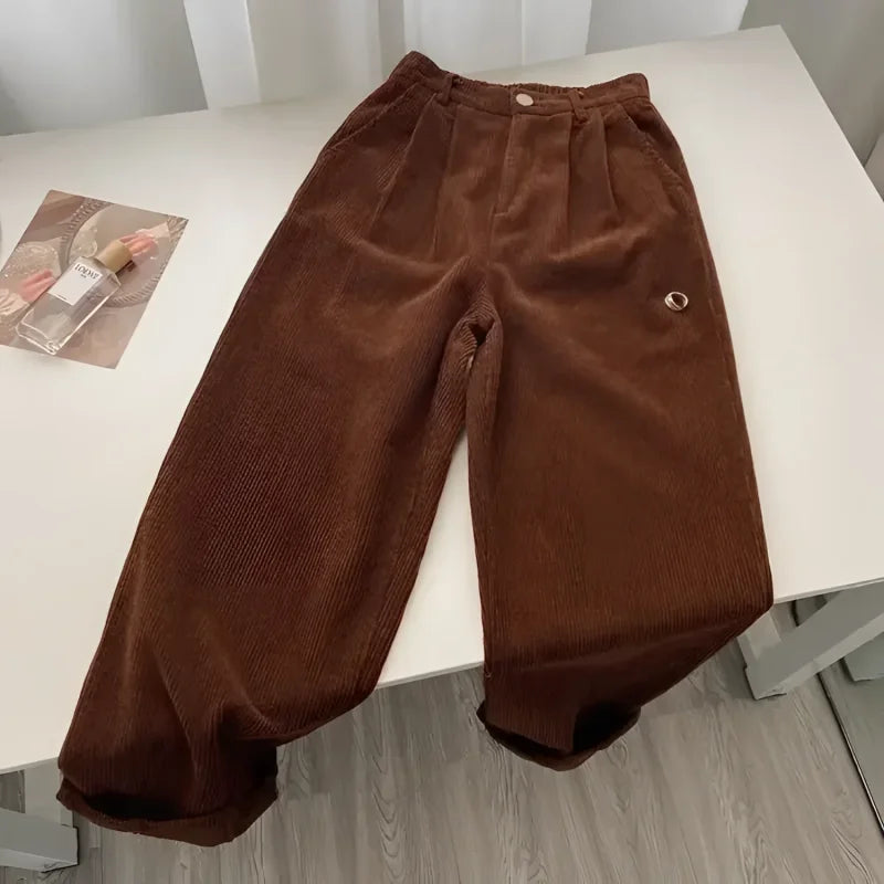 Calça Reta de Cintura Alta em Veludo Cotelê para Outono Fiorenze