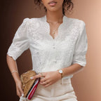 Blusa Casual em Algodão com Bordado e Manga Bufante Fiorenze