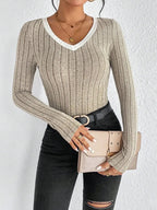 Blusa de Tricot Gola v com Viés Contrastante Fiorenze