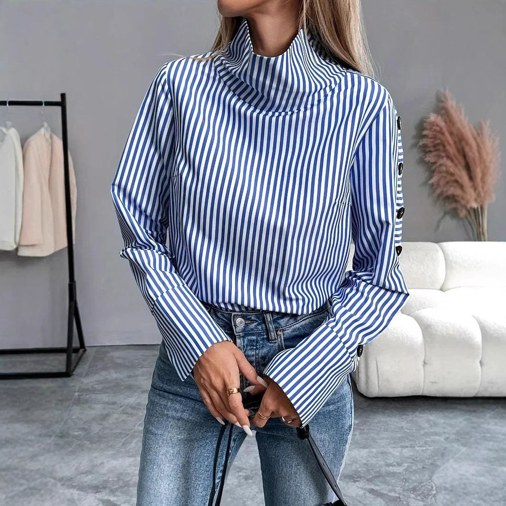 Blusa de Poliéster Listrada com Gola Alta Fiorenze