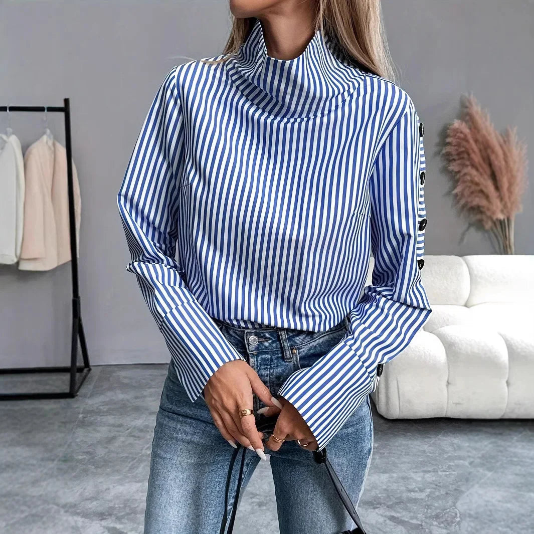 Blusa de Poliéster Listrada com Gola Alta Fiorenze
