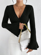 Blusa de Tricot Gola V Manga Flare Fiorenze