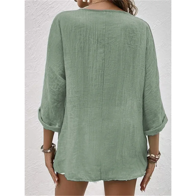 Blusa de Poliéster Gola V com Botões Manga Longa Fiorenze