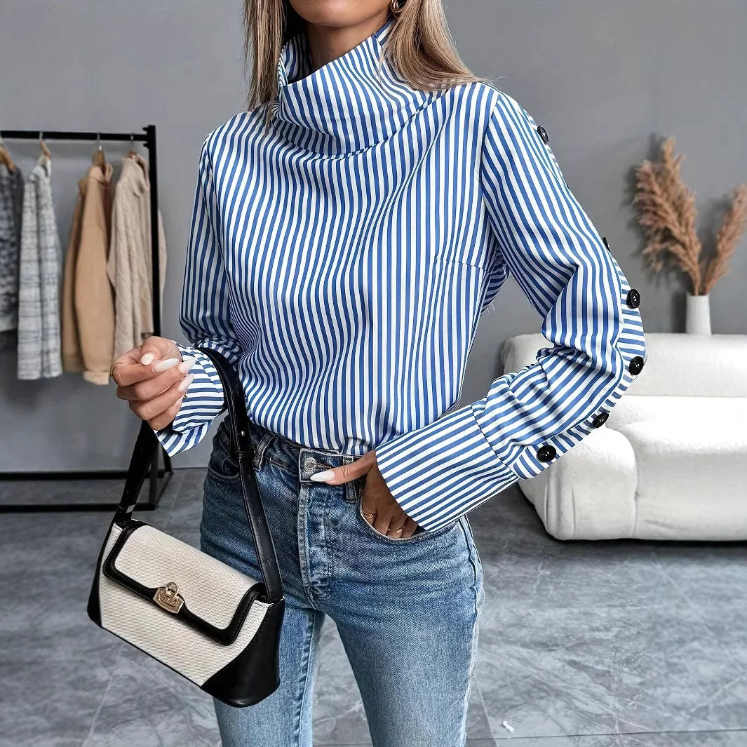 Blusa de Poliéster Listrada com Gola Alta Fiorenze