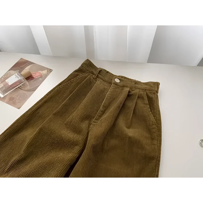 Calça Reta de Cintura Alta em Veludo Cotelê para Outono Fiorenze